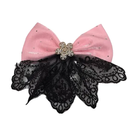 Pink bow and black lace decorated hair accessory, a sweet and cute headwear for ladies Pink bow and black lace decorated hair accessory, a sweet and cute headwear for ladies